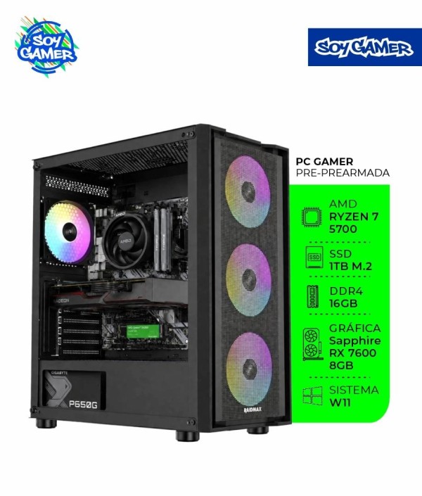 PC Gamer Prisma Ryzen 7 5700 + 16GB RAM + 1TB SSD M.2 + RX 7600